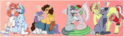 Size: 5292x1584 | Tagged: safe, artist:plagued-arts, character:cheese sandwich, character:flim, character:limestone pie, character:marble pie, character:maud pie, character:pinkie pie, character:rainbow dash, character:watermelody, species:earth pony, species:pegasus, species:pony, species:unicorn, ship:pinkiedash, g4, blushing, bouquet, bow, bow tie, chest fluff, choker, chokerdash, clothing, equestria girls ponified, female, flimstone, flower, glasses, gradient background, heart, jewelry, kiss on the cheek, kissing, lesbian, male, marblemelody, maudwich, necklace, pie sisters, ponified, shipping, siblings, sisters, socks, straight, striped socks, tongue out