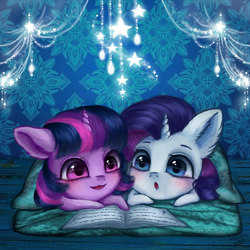 Size: 900x900 | Tagged: safe, artist:holambaoduyen, character:rarity, character:twilight sparkle, species:pony, species:unicorn, g4, blanket, blushing, book, chibi, commission, cute, duo, lying down, prone, raribetes, sleepover, twiabetes