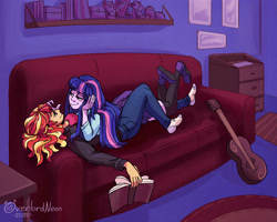Size: 3000x2400 | Tagged: safe, artist:overlordneon, character:sunset shimmer, character:twilight sparkle, character:twilight sparkle (eqg), species:eqg human, ship:sunsetsparkle, g4, my little pony:equestria girls, book, clothing, couch, female, guitar, high res, jeans, legs in air, lesbian, lying down, lying on top of someone, missing shoes, musical instrument, pants, prone, shipping, skirt, smiling, socks, the pose, thigh highs