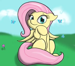 Size: 800x700 | Tagged: dead source, safe, artist:wazzart, character:fluttershy, species:pegasus, species:pony, butterfly, cloud, female, grass, grass field, mare, sitting, sky, smiling, solo