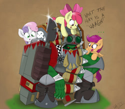 Size: 800x700 | Tagged: dead source, safe, artist:wazzart, character:apple bloom, character:scootaloo, character:sweetie belle, species:pegasus, species:pony, crossover, cutie mark crusaders, flash git, ork, waaagh!, warhammer (game), warhammer 40k