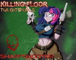 Size: 4500x3600 | Tagged: safe, artist:wazzart, character:twilight sparkle, my little pony:equestria girls, belly button, belt, breasts, busty twilight sparkle, crossover, female, gun, killing floor, midriff, pistol, pony coloring, solo