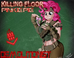Size: 4400x3500 | Tagged: safe, artist:wazzart, character:pinkie pie, belly button, breasts, busty pinkie pie, crossover, female, goggles, grenade, humanized, killing floor, midriff, ribbon, solo