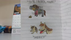 Size: 4128x2322 | Tagged: safe, artist:horsesplease, heavy weapons guy, heavy weapons pony, looking at you, minigun, ponified, sandvich, sandwich, shetland pony, team fortress 2, traditional art