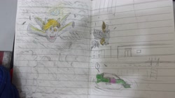 Size: 4128x2322 | Tagged: safe, artist:horsesplease, character:derpy hooves, oc, oc:anon, species:pegasus, species:pony, female, happy, inspiration, lined paper, mare, swimming pool, traditional art