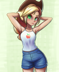 Size: 819x1000 | Tagged: safe, artist:the-park, character:applejack, species:human, g4, armpits, female, humanized, shorts, simple background, solo, tank top