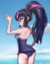 Size: 782x1000 | Tagged: safe, artist:the-park, character:twilight sparkle, character:twilight sparkle (scitwi), species:eqg human, species:human, g4, female, looking back, ocean, sky, solo, swimsuit
