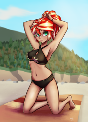 Size: 722x1000 | Tagged: safe, artist:the-park, character:sunset shimmer, species:human, g4, beach, colored pupils, female, human coloration, kneeling, ponytail, signature, solo, swimsuit