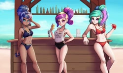 Size: 1280x761 | Tagged: safe, artist:the-park, character:princess cadance, character:princess celestia, character:princess luna, species:human, g4, alcohol, bar, beer, beverage, hair bun, pepsi, ponytail, swimsuit, trio