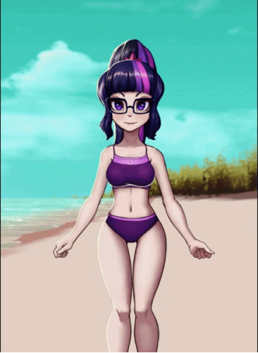 Size: 366x500 | Tagged: safe, artist:fluffyrescent, artist:the-park, character:twilight sparkle, character:twilight sparkle (scitwi), species:eqg human, species:human, g4, animated, beach, drone, swimsuit