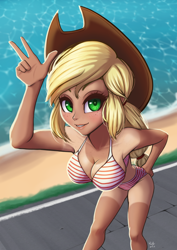 Size: 706x1000 | Tagged: safe, artist:the-park, character:applejack, species:human, g4, applejack's hat, beach, female, solo, swimsuit