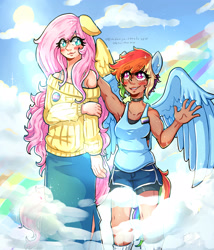 Size: 2301x2688 | Tagged: safe, artist:midoriya_shouto, character:fluttershy, character:rainbow dash, species:human, ship:flutterdash, g4, clothing, cloud, humanized, nonbinary pride flag, rainbow, shipping, shorts, skirt, sweater, transgender pride flag, winged humanization