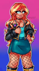 Size: 1557x2800 | Tagged: safe, artist:midoriya_shouto, character:sunset shimmer, species:human, g4, my little pony:equestria girls, bi pride flag, choker, clothing, fishnet clothing, humanized, leather jacket, skirt, solo