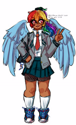 Size: 1924x3150 | Tagged: safe, artist:midoriya_shouto, character:rainbow dash, species:human, g4, clothing, crossover, humanized, my hero academia, school uniform, skirt, sneakers, solo, winged humanization, wings