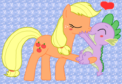 Size: 1036x718 | Tagged: safe, artist:majkashinoda626, character:applejack, character:spike, species:dragon, species:earth pony, species:pony, ship:applespike, g4, blushing, cute, female, heart, kiss on the lips, kissing, male, mare, shipping, straight