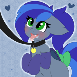 Size: 3000x3000 | Tagged: safe, artist:miss-jessiie, oc, oc only, oc:lunar aurora, species:bat pony, species:pony, g4, abstract background, bat pony oc, blushing, bow, clothing, collar, dominant pov, drool, fangs, female, femsub, green eyes, leash, looking up, mare, pet play, pet tag, socks, solo, submissive, tail bow, tongue out, ych result