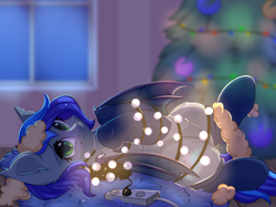 Size: 2732x2048 | Tagged: safe, artist:alphadesu, oc, oc only, oc:lunar aurora, species:bat pony, species:pony, g4, bat pony oc, bat wings, christmas, christmas lights, christmas tree, clothing, commission, cute, cute little fangs, fangs, female, green eyes, high res, holiday, mare, socks, solo, tangled up, tree, wings, ych result