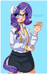 Size: 2012x3128 | Tagged: safe, artist:midoriya_shouto, character:rarity, species:human, g4, blouse, clothing, earring, horned humanization, humanized, pencil, skirt, solo