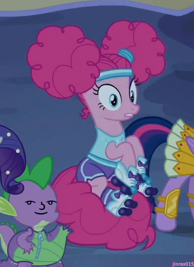 Size: 400x550 | Tagged: safe, edit, edited screencap, screencap, character:pinkie pie, species:earth pony, species:pony, episode:scare master, g4, my little pony: friendship is magic, animated, bouncing, clothing, costume, cute, female, mare, nightmare night costume, pigtails, pinkie puffs, plot, roller skates, shorts, sitting on tail, skirt, sweatband, tail, tail bounce, tail stand