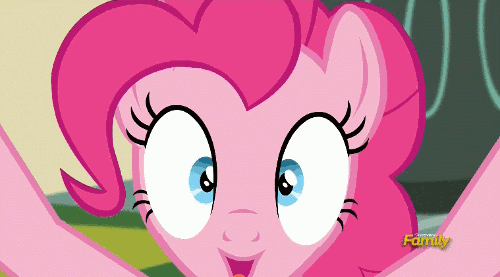Size: 500x277 | Tagged: safe, edit, edited screencap, screencap, character:pinkie pie, species:earth pony, species:pony, episode:make new friends but keep discord, g4, my little pony: friendship is magic, animated, breaking the fourth wall, close-up, discovery family logo, example, excited, female, fourth wall, fourth wall destruction, he wants all of the cakes, looking at you, loop, open mouth, screen shake, shaking, smiling, solo, volumetric mouth