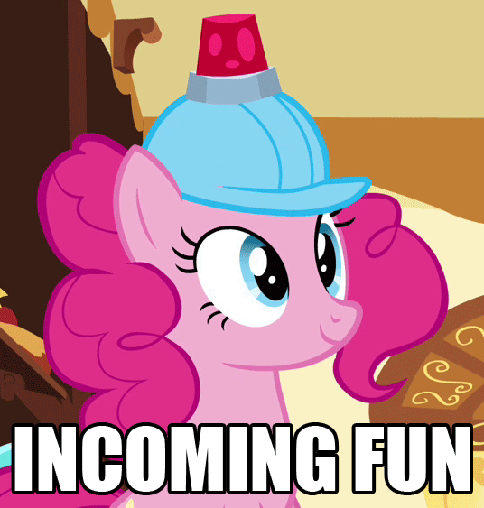 Size: 536x563 | Tagged: safe, edit, edited screencap, screencap, character:pinkie pie, species:earth pony, species:pony, episode:mmmystery on the friendship express, g4, my little pony: friendship is magic, animated, caption, clothing, female, fun, hard hat, hat, helmet, image macro, inspector gadget, mare, meme, reaction image, silly, solo