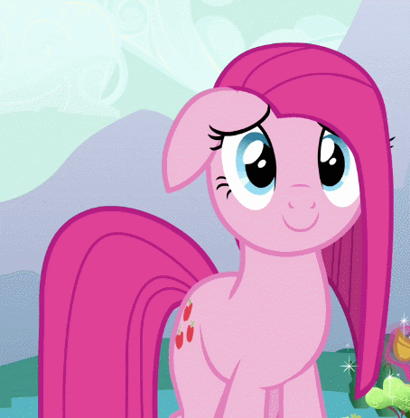 Size: 454x463 | Tagged: safe, edit, screencap, character:pinkamena diane pie, character:pinkie pie, species:earth pony, species:pony, episode:magical mystery cure, g4, my little pony: friendship is magic, animated, cute, cuteamena, eye shimmer, eye shimmer edit, eyes, female, floppy ears, happy, looking at you, smiling, solo, swapped cutie marks