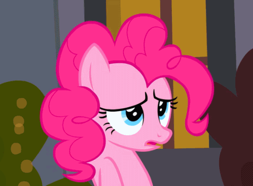 Size: 502x370 | Tagged: safe, edit, edited screencap, screencap, character:pinkie pie, character:rarity, species:earth pony, species:pony, species:unicorn, g4, animated, cropped, cute, eye contact, eye shimmer, faec, female, frown, gif, glare, god that's cute, grin, image macro, lidded eyes, looking at each other, mare, meme, open mouth, raised eyebrow, smiling, squee, sunburst background, text