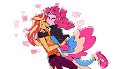 Size: 1175x661 | Tagged: safe, artist:cassettepunk, character:pinkie pie, character:sunset shimmer, species:eqg human, ship:sunsetpie, equestria girls:sunset's backstage pass, g4, my little pony: equestria girls, glomp, heart, lesbian, white background
