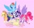 Size: 2000x1636 | Tagged: safe, artist:probablyfakeblonde, character:applejack, character:fluttershy, character:pinkie pie, character:rainbow dash, character:rarity, character:twilight sparkle, character:twilight sparkle (alicorn), species:alicorn, species:earth pony, species:pegasus, species:pony, species:unicorn, g4, blep, coat markings, colored hooves, eyebrows, eyebrows visible through hair, female, flying, hooves, lying down, mane six, mare, open mouth, open smile, pink background, profile, simple background, smiling, socks (coat marking), spread wings, three quarter view, tongue out, unshorn fetlocks, wings