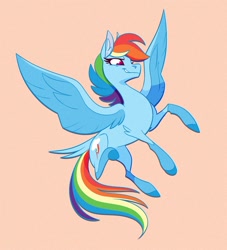 Size: 1000x1099 | Tagged: safe, artist:probablyfakeblonde, character:rainbow dash, species:pegasus, species:pony, g4, coat markings, colored hooves, flying, hooves, orange background, rearing, simple background, smug, socks (coat marking), solo, spread wings, tail feathers, wings