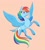 Size: 1000x1099 | Tagged: safe, artist:probablyfakeblonde, character:rainbow dash, species:pegasus, species:pony, g4, coat markings, colored hooves, flying, hooves, orange background, rearing, simple background, smug, socks (coat marking), solo, spread wings, tail feathers, wings