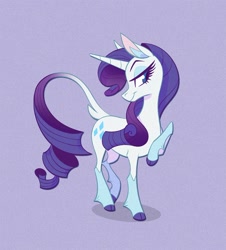Size: 1100x1217 | Tagged: safe, artist:probablyfakeblonde, character:rarity, species:classical unicorn, species:pony, species:unicorn, g4, cloven hooves, coat markings, colored hooves, female, head turn, hooves, looking sideways, mare, profile, purple background, raised hoof, simple background, socks (coat marking), solo