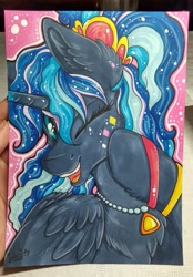 Size: 2340x3371 | Tagged: safe, artist:julunis14, character:princess luna, species:alicorn, species:pony, g4, 80s princess luna, drawing, hairband, jewelry, pendant, solo