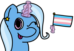 Size: 2027x1422 | Tagged: source needed, safe, artist:melodysketch, character:trixie, species:pony, species:unicorn, g4, ear piercing, earring, gender headcanon, headcanon, jewelry, lgbt headcanon, magic, mlem, one eye closed, pride, pride flag, simple background, solo, tongue out, trans trixie, transgender pride flag, transparent background, wink