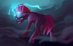 Size: 1500x950 | Tagged: safe, artist:its_gloomy, character:tempest shadow, species:pony, species:unicorn, g4, angry, broken horn, lightning, looking back, magic, scar, solo