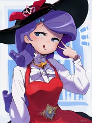 Size: 2400x3200 | Tagged: safe, artist:nendo, character:rarity, species:human, g4, blep, clothing, dress, hat, humanized, peace sign, simple background, solo, tongue out