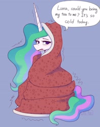 Size: 1706x2160 | Tagged: safe, artist:puetsua, character:princess celestia, species:alicorn, species:pony, g4, blanket, cold, dialogue, shivering, simple background, sitting, solo, speech bubble, text
