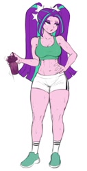 Size: 802x1574 | Tagged: safe, alternate version, artist:nairdags, character:aria blaze, species:human, g4, humanized, solo, sports bra, sports outfit, sports shorts, water bottle, white background