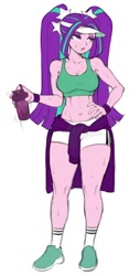 Size: 802x1574 | Tagged: safe, alternate version, artist:nairdags, character:aria blaze, species:human, g4, clothing, humanized, jacket, solo, sports bra, sports outfit, sports shorts, water bottle, white background