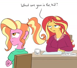 Size: 1800x1600 | Tagged: safe, artist:rocket-lawnchair, character:luster dawn, character:sunset shimmer, species:eqg human, g4, chair, desk, mug, text, unamused, white background
