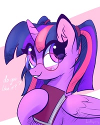 Size: 800x1000 | Tagged: safe, alternate version, artist:lollipony, character:twilight sparkle, character:twilight sparkle (alicorn), species:alicorn, species:pony, g4, alternate hairstyle, book, bust, glasses, looking at you, simple background, smiling, solo, twintails