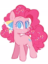 Size: 1536x2048 | Tagged: safe, artist:hiccupsdoesart, character:pinkie pie, species:earth pony, species:pony, g4, alternate design, looking at you, ribbon, smiling, solo, white background