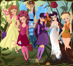 Size: 660x600 | Tagged: safe, artist:annemarie1986, artist:azaleasdolls, character:applejack, character:fluttershy, character:pinkie pie, character:rainbow dash, character:rarity, character:twilight sparkle, species:human, g4, apple, book, boots, clothing, cowboy hat, crossover, disney, disney style, dress, ear piercing, earring, fairies, fairies are magic, fairy, fairy wings, fairyized, flower, flower in hair, food, gloves, glowing horn, goggles, hat, high heel boots, high heels, horn, humanized, jewelry, mane six, necklace, piercing, pixie scene maker, shoes, wings