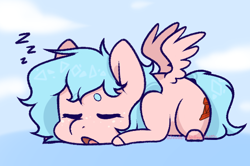 Size: 586x388 | Tagged: safe, artist:wooden-willow, character:cozy glow, species:pegasus, species:pony, g4, alternate hairstyle, cozybetes, cute, eyes closed, filly, gradient background, open mouth, sleeping, solo, spread wings, wings, zzz