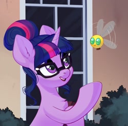 Size: 1884x1864 | Tagged: safe, artist:taneysha, character:twilight sparkle, character:twilight sparkle (scitwi), species:pony, species:unicorn, g4, glasses, is this a pigeon, meme, parasprite, ponified, ponified meme, raised hoof