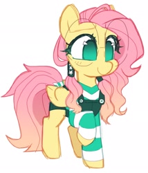 Size: 1751x2048 | Tagged: safe, artist:hiccupsdoesart, character:fluttershy, species:pegasus, species:pony, g4, alternate design, clothing, folded wings, overalls, raised hoof, shirt, solo, white background