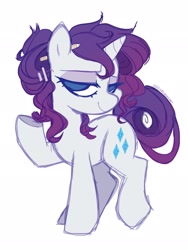 Size: 1536x2048 | Tagged: safe, artist:hiccupsdoesart, character:rarity, species:pony, species:unicorn, g4, alternate design, head turn, looking sideways, raised hoof, solo, white background