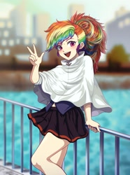 Size: 2001x2688 | Tagged: safe, alternate version, artist:rileyav, character:rainbow dash, species:human, g4, complex background, humanized, peace sign, solo