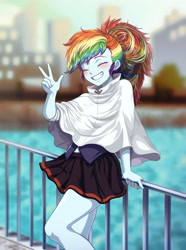 Size: 2001x2688 | Tagged: safe, alternate version, artist:rileyav, character:rainbow dash, species:eqg human, g4, complex background, peace sign, solo
