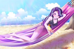 Size: 3830x2523 | Tagged: safe, artist:rileyav, character:starlight glimmer, species:human, g4, beach, blushing, breasts, cleavage, clothing, drink, feet, female, hammock, humanized, lying down, one-piece swimsuit, see-through, smiling, smirk, soles, solo, stupid sexy starlight glimmer, swimsuit, toes
